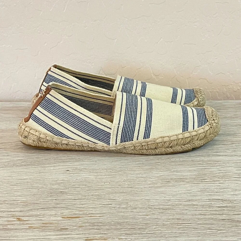 Tory Burch Espadrille Flats Slip On Shoes Ivory Navy Blue Stripe 7